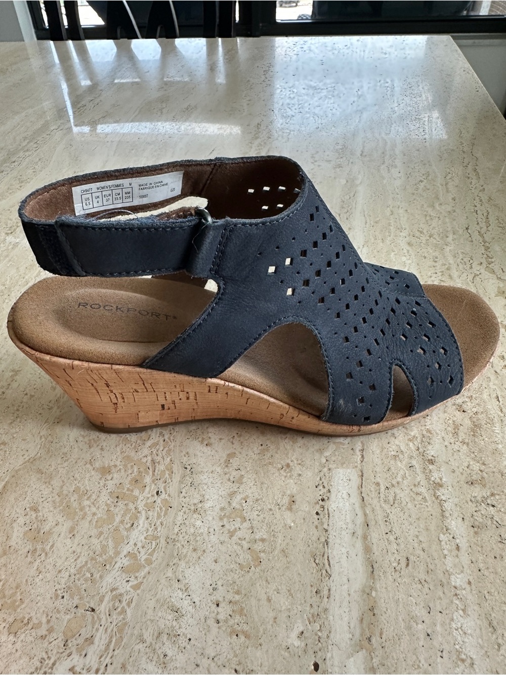 Rockport Navy Perforated Cork Wedge Sandals
